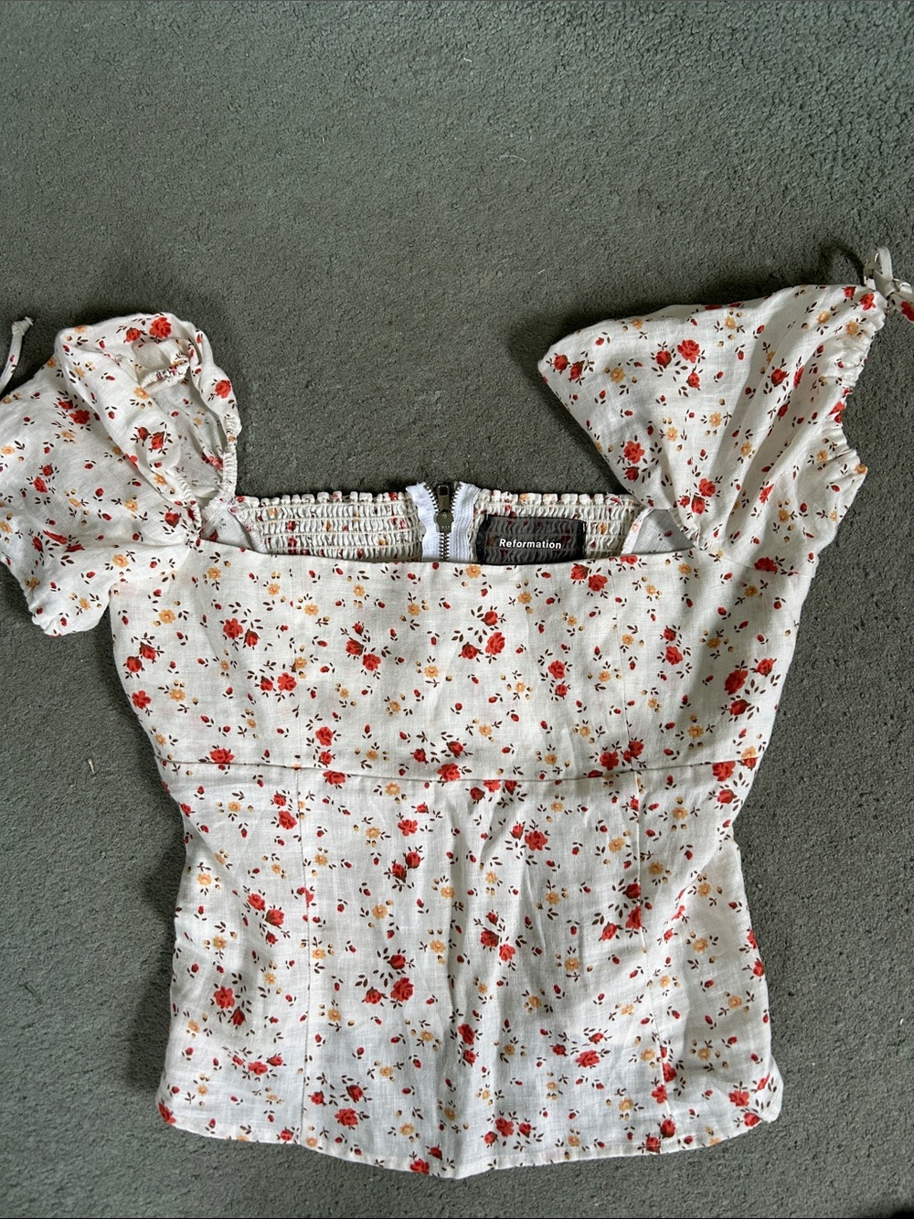 Reformation Cream Floral Square Neck Puff Sleeve Top